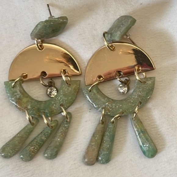 Gold and Natural Green Stone Statement Earrings - Picture 2 of 3